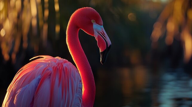 A close-up of a flamingo with pink feathers, and long neck under golden lighting