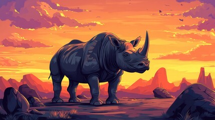Fototapeta premium Majestic Rhino at Sunset in the African Savanna