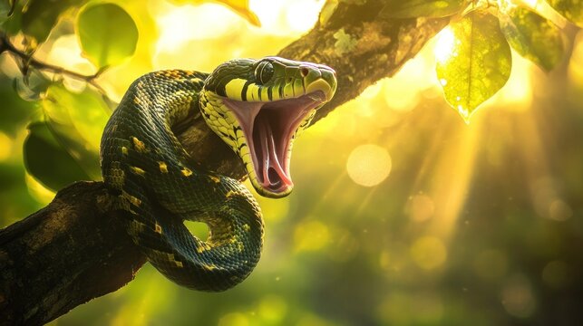 A green tree python with its mouth open, wrapped around a tree branch, backlit by the sun.