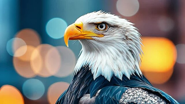 Majestic bald eagle perched confidently against a blurred city backdrop in vibrant colors