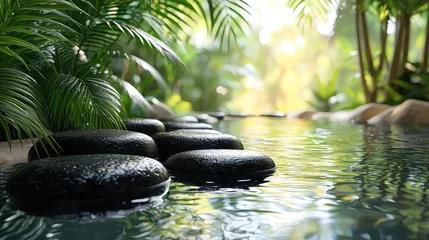 Tranquil zen garden scene with stepping stones in calm water, lush tropical foliage.