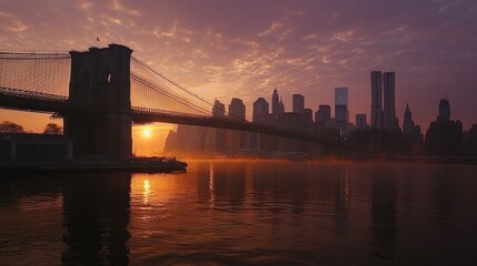 Brooklyn Bridge at dawn with the New York City skyline in the background, golden light reflecting off the East River