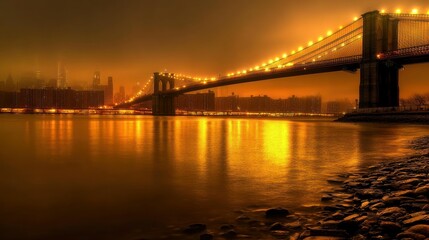 Fototapeta premium Brooklyn Bridge at dawn with the New York City skyline in the background, golden light reflecting off the East River