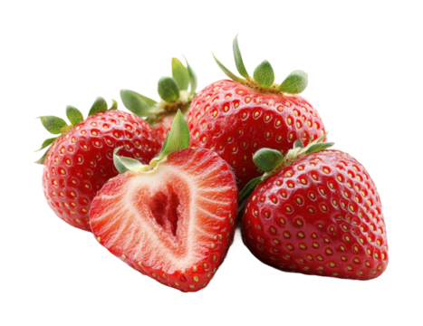 Fresh strawberries on high fidelity cutout culinary studio environment close-up view food isolated on transparent background png - Powered by Adobe