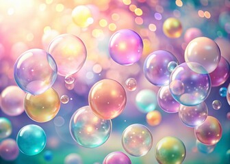 Pastel Balloons & Bubbles Floating on Pink Background - Dreamy Bokeh Stock Photo