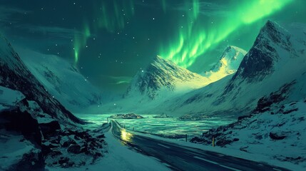 Majestic green auroras ripple across the horizon, lighting up snow-laden rocks and icy fjords. A road snakes through the remote arctic wilderness