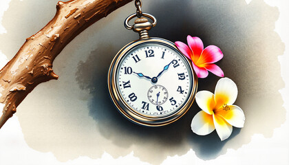 Vintage Timepiece with Tropical Plumeria in Artistic Style
