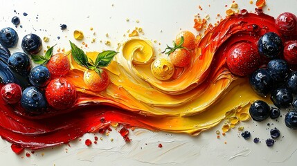 Vibrant oil painting of blueberries, strawberries, and cherries arranged in a dynamic wave pattern.