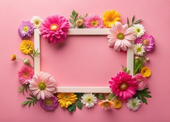 Pastel Pink Floral Background with Blank Frame for Text - Panoramic Flat Lay Flower Composition