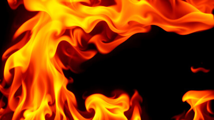 Fire flames on black background. Fire burn flame isolated, abstract texture. Flaming effect with burning fire. Generative AI