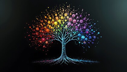 A colorful glitter tree against a black background