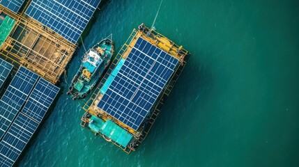 Top-down perspective of solar panels set up in an offshore location, blending innovative technology with marine energy solutions
