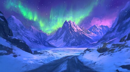 Vibrant aurora borealis above jagged snowy peaks and a winding road leading to a serene fjord. The frozen sea glows under green and purple lights.