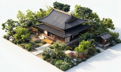 Obraz premium 3D isometric view of a traditional Japanese house CAD model with surrounding trees