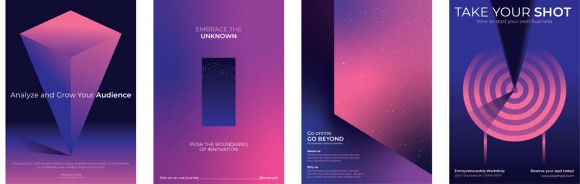 Set of four futuristic posters with abstract designs. Vibrant colors, geometric shapes, and motivational text. Perfect for innovation and creativity themes. Futuristic business marketing posters.
