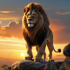 A majestic lion basks in the golden rays of the setting sun, perched atop a weathered rock