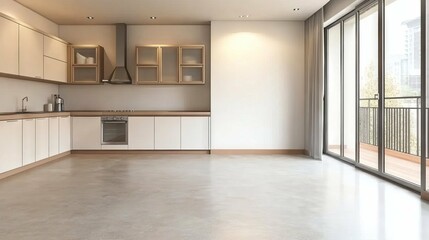 Obraz premium Modern Empty Kitchen with Concrete Floor and Balcony