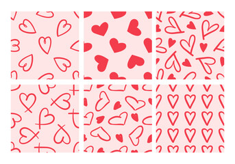 Collection of seamless patterns with red hearts on pink background in doodle style