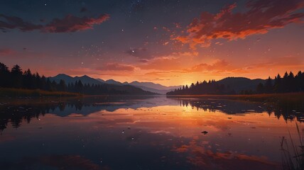 Fototapeta premium Serene Mountain Lake Sunset with Reflection and Vibrant Sky V1