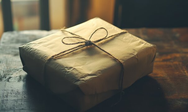 A carefully wrapped parcel tied with string sits in soft light, evoking a sense of anticipation and warmth, ideal for gift-giving occasions and thoughtful presentations