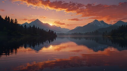 Fototapeta premium Serene Mountain Lake Sunset with Reflection and Vibrant Sky V2
