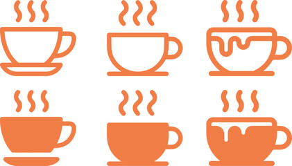 warm beverage symbols, café artwork Coffee cups, minimalist icons, orange silhouettes, steam rising, various cup shapes, simple design, flat illustration