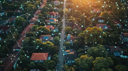 Aerial View of Suburban Neighborhood with Network Connection Overlay