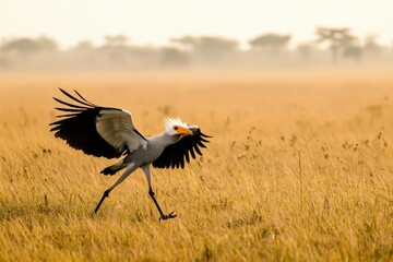 Fototapeta premium A stunning shot of a secretary bird striding through the savanna, its long legs and crest feathers visible