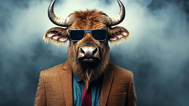 Stylishly dressed bull in sunglasses surrounded by smoke in a modern artistic setting
