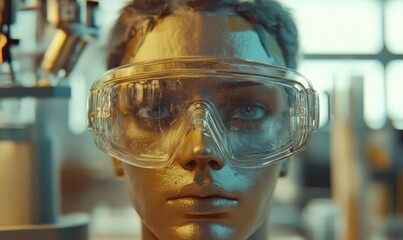A detailed view of a scientist with safety glasses in a laboratory setting, epitomizing focus and curiosity in scientific exploration, striving for discovery and innovation