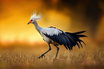 Fototapeta premium A stunning shot of a secretary bird striding through the savanna, its long legs and crest feathers visible