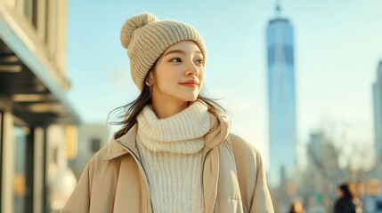 A cheerful young woman wearing a knitted hat and scarf poses happily against a stunning city backdrop featuring a tall skyscraper, embodying joy and city exploration.