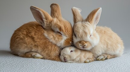 Two adult rabbits cuddling a baby rabbit.