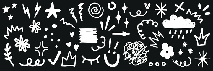 Playful doodles in white on a black background. Includes stars, clouds, and arrows. Whimsical doodles with hearts and squiggles. Fun and creative doodles. White doodle elements, vector set.