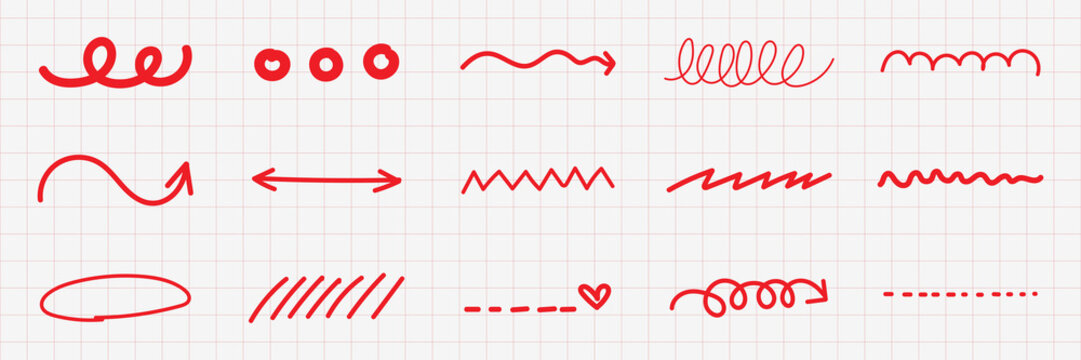 Collection of red doodle arrows and lines on grid paper. Includes wavy, curly, and zigzag designs. Red doodles, red lines, and red arrows in various styles. Colorful doodle elements, vector set.