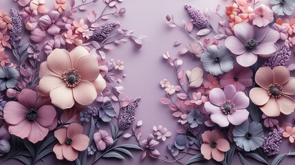 Obraz premium Elegant Pastel Flowers Arranged Symmetrically On Purple Background