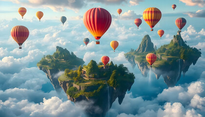 Fototapeta premium Surreal Hot Air Balloons Floating Above Magical Islands in the Clouds