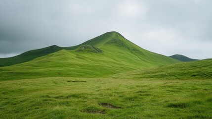 Fototapeta premium Lush Green Hills Under a Cloudy Sky, Mountain Landscape, Pastoral Scene, Nature Scenery