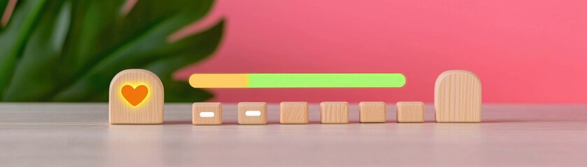 A colorful wooden toy displaying a heart icon and a progress bar, set against a vibrant pink background, symbolizing play and learning.