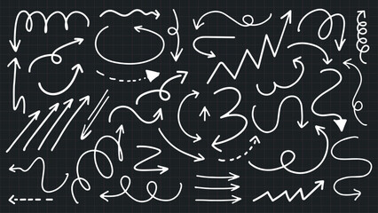 Collection of white hand-drawn arrows and squiggles on a black grid background. Arrows and squiggles vary in style, direction, and thickness. White doodle elements, vector set.