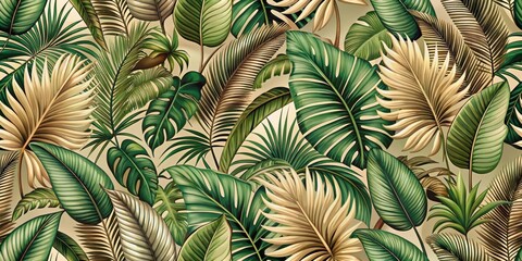 Lush tropical foliage in earth tones seamless pattern background, tropical, foliage, leaves, jungle, flora, botanical