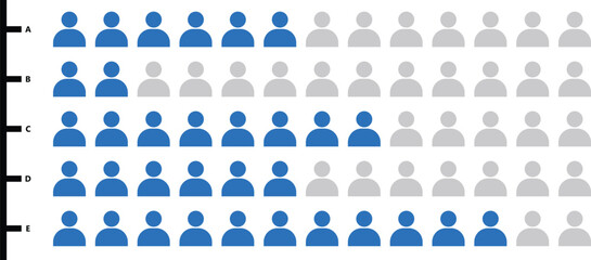 Blue figures, statistical chart, population graph, human symbols, data visualization, infographic, blue and gray color scheme, rows of people icons, demographic representation