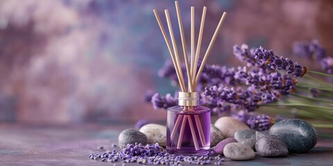 Reed stick diffuser featuring a soothing lavender scent, complemented by decorative stones for an enhanced aromatic experience. Enjoy the calming lavender aroma!