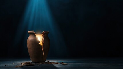 A cracked clay jar with light spilling out, symbolizing God's power shining through human weakness