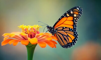 Fototapeta premium A monarch butterfly resting on an orange zinnia its wings slightly open, bloom, pollinator, flower