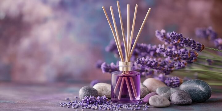 Reed stick diffuser featuring a soothing lavender scent, complemented by decorative stones for an enhanced aromatic experience. Enjoy the calming lavender aroma!