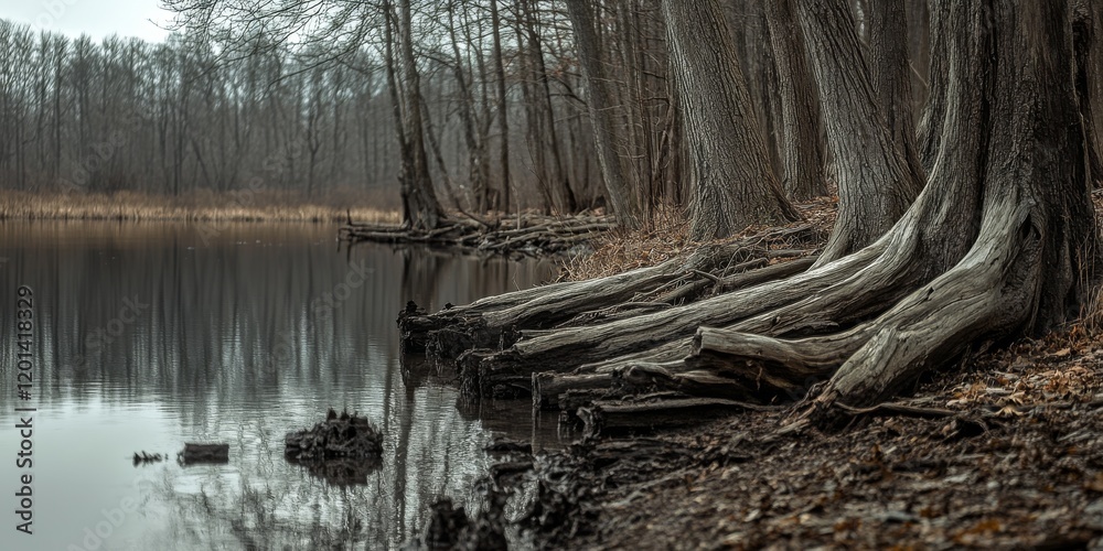 Aufkleber dead tree trunks line the shoreline of a serene pond within a forest park, creating a striking visua