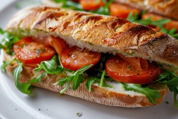 Freshly made baguette sandwich filled with smoked salmon, sliced tomatoes, arugula and creamy sauce, served on a white plate
