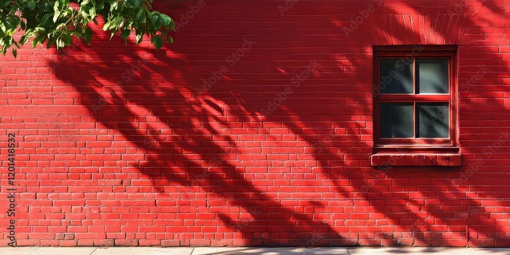 Poster Vibrant summer shadows cast dramatically against a red brick wall backdrop create a striking visual effect, emphasizing the intense interplay of light and texture.