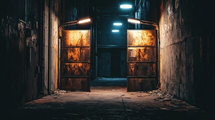 Mysterious Night: Rusty Doors in a Dark Alleyway